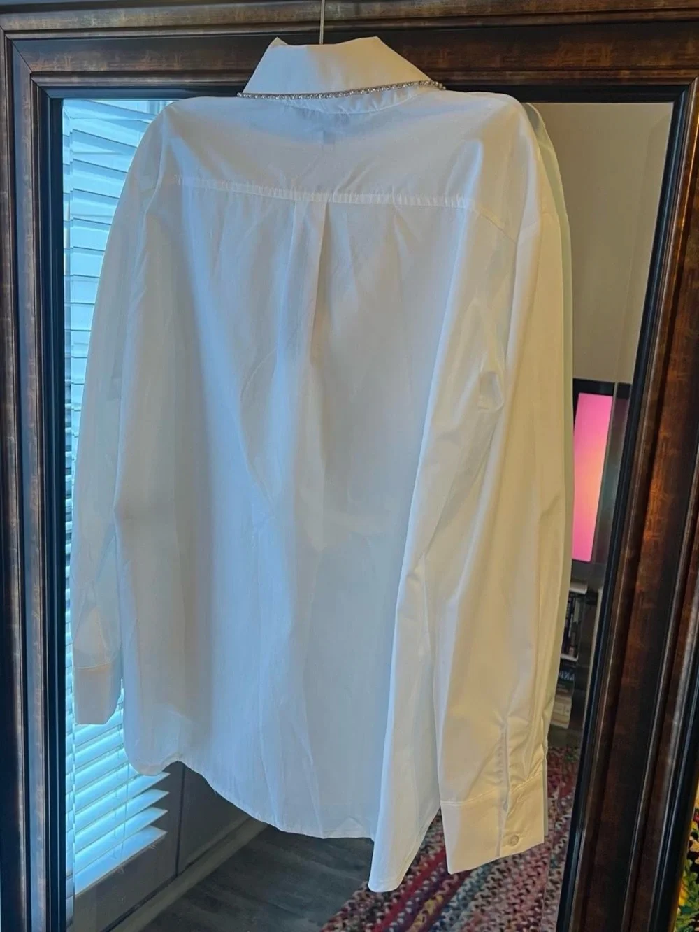 Oversize rhinestone and pearl collar white button down blouse, cotton blend, NWT
